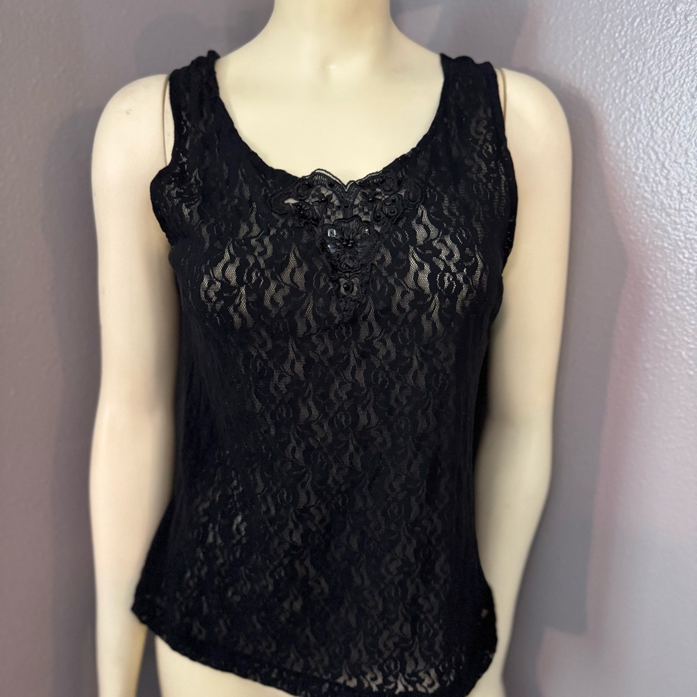 Cinema Etoile Vintage Embroidered Lace Black Tank